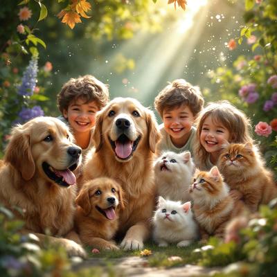 The primary subject of the image is a group of children and dogs posing together for a picture. The setting is a garden, with a variety of flowers and plants surrounding the group. The visual style is a combination of photo and digital art, creating a vibrant and lively atmosphere. The colors are predominantly warm and natural, with the flowers and grass adding a sense of freshness and liveliness to the scene.